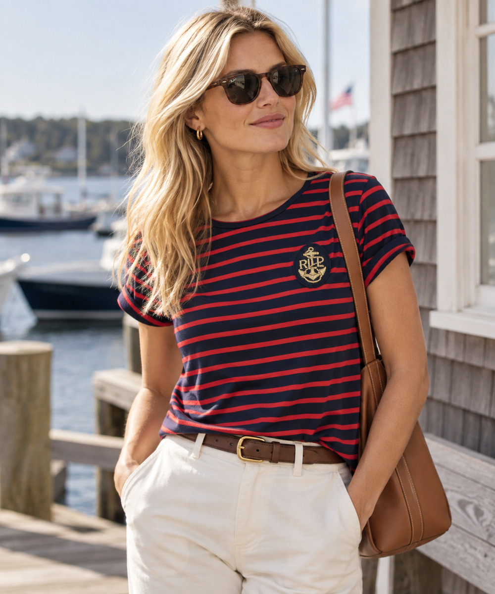 Womens Vintage Ralph Lauren Red Navy Blue Striped Nautical Shirt Boat Crest XL